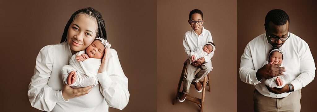 newborn baby girl photographed in atlanta studio for her newborn session. baby girl posed with parents for newborn photoshoot