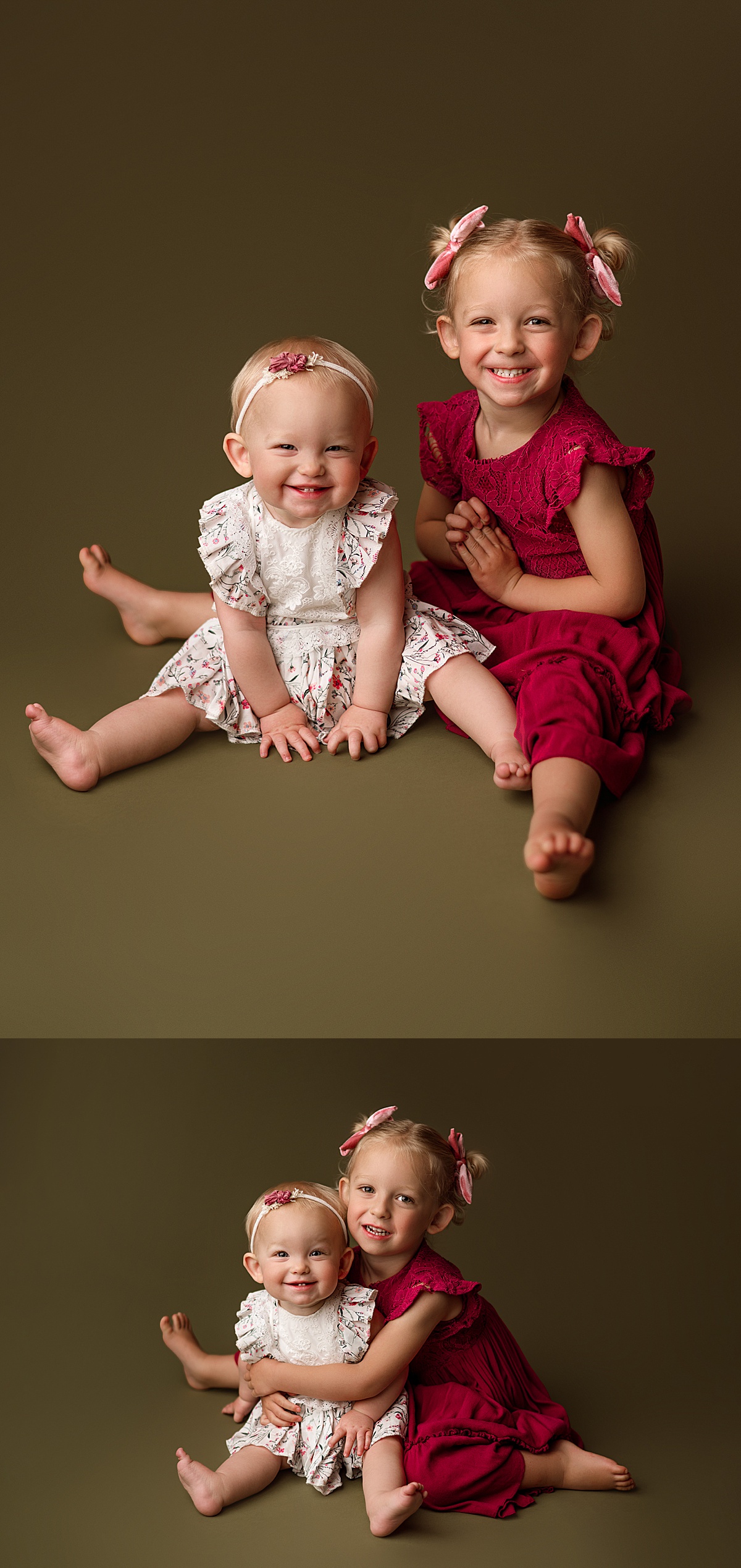 sister pose ideas, sister photoshoot, pink white and green themed photoshoot, sister pose ideas